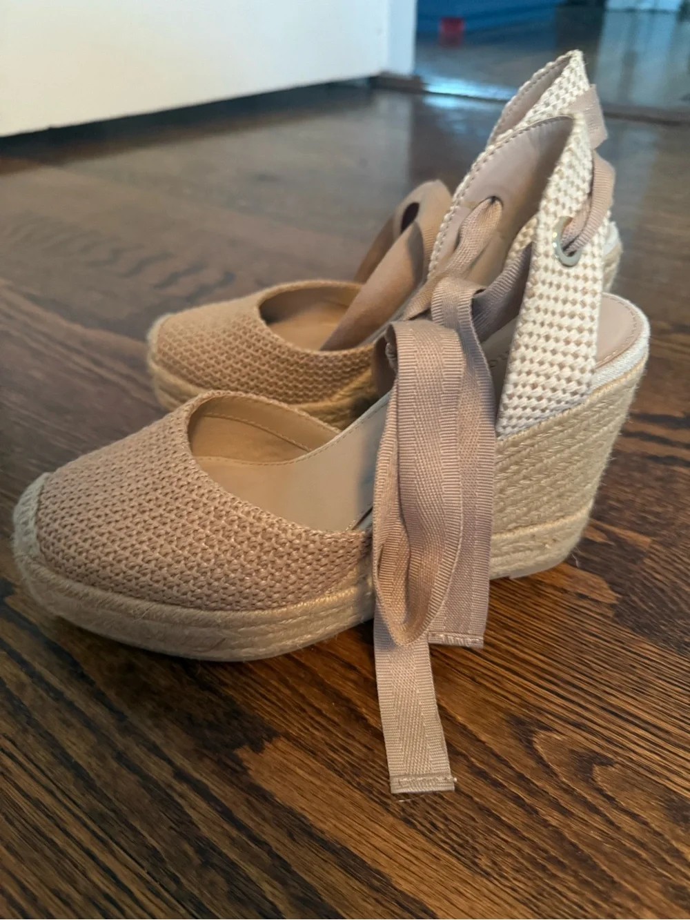 Neutral Lace-Up Espadrille Wedge Sandals - Women's Beige